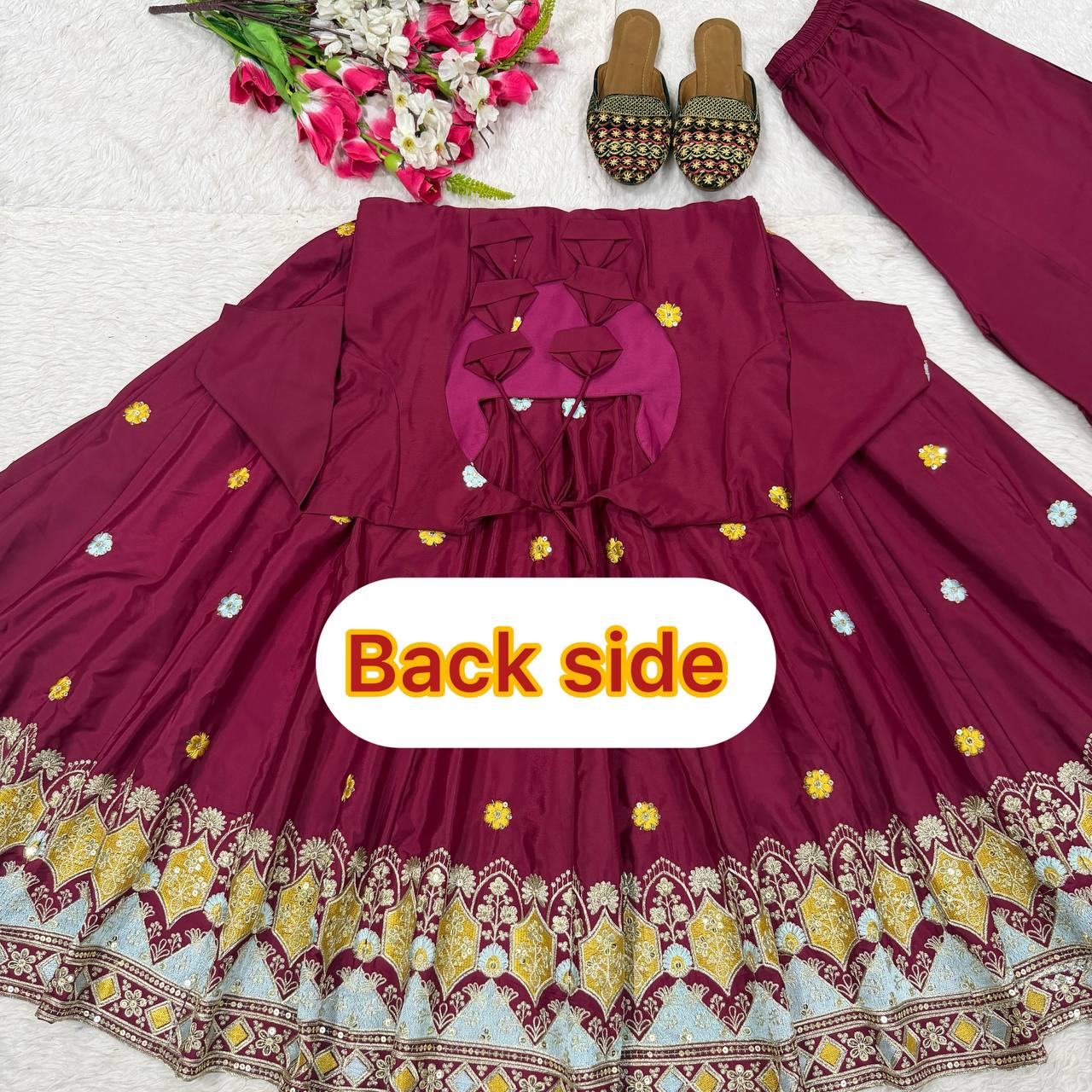 Majestic Wine Flared Anarkali Suit Set Adorned with Delicate Floral Scattered Motifs and an Ornate Heritage Embroidered Border